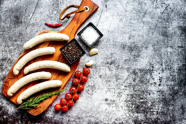 Raw German Sausages Wooden Board — Stock Photo, Image