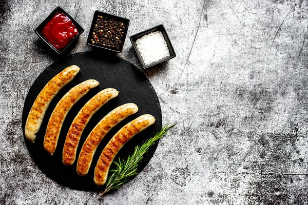 Grilled Sausages Stone Background Copy Space — Stock Photo, Image