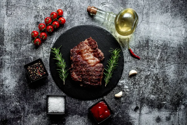 Grilled Beef Steak Spices Black Background — Stock Photo, Image