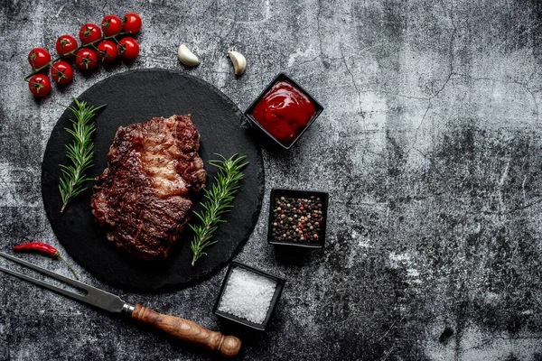 Grilled Beef Steak Spices Black Background — Stock Photo, Image