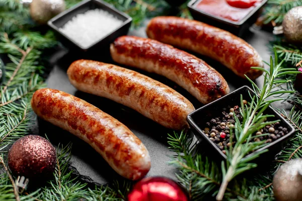 Christmas Grilled Sausages Spices Stone Background Christmas Decorations — Stock Photo, Image