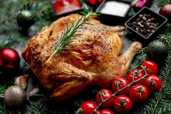 Christmas turkey with Christmas decorations. Traditional holiday food for Christmas