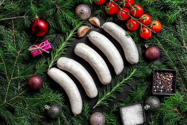 Christmas Background Raw Sausages Spices Stone Background — Stock Photo, Image