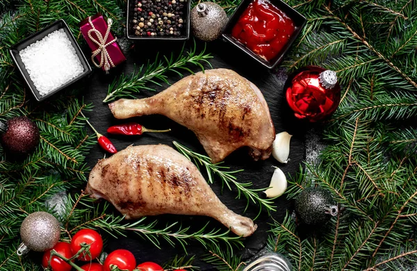 Grilled Ducks Legs Herbs Spices Christmas Decorations Stone Backrgound — Stock Photo, Image