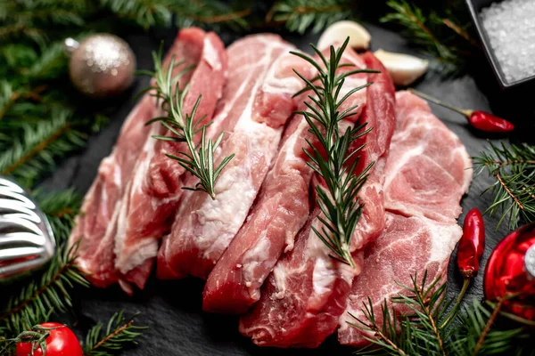 Raw Pork Steaks Christmas Decorations Stone Background — Stock Photo, Image