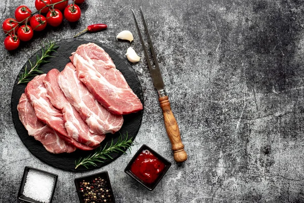 Raw Pork Steaks Rosemary Spices Stone Background — Stock Photo, Image