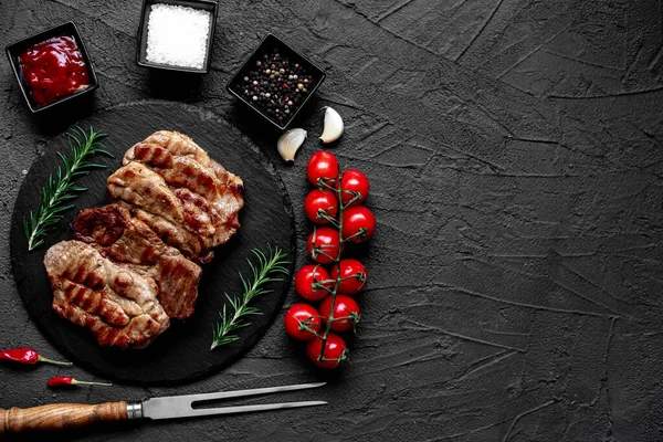 Grilled Pork Steaks Spices Herbs Stone Background — Stock Photo, Image