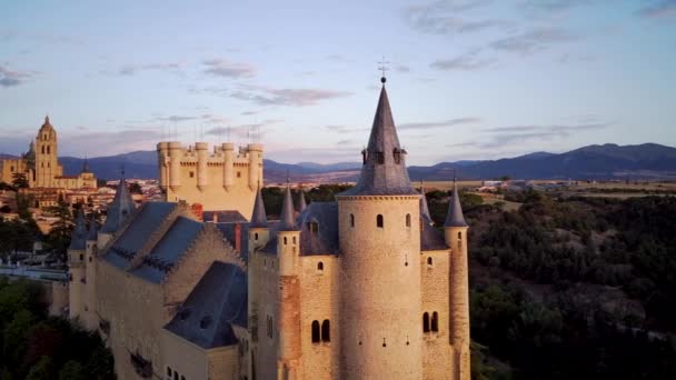 Aerial Drone View Fortress Alcazar Segovia Spain Castle Museum Юнеско — стоковое видео