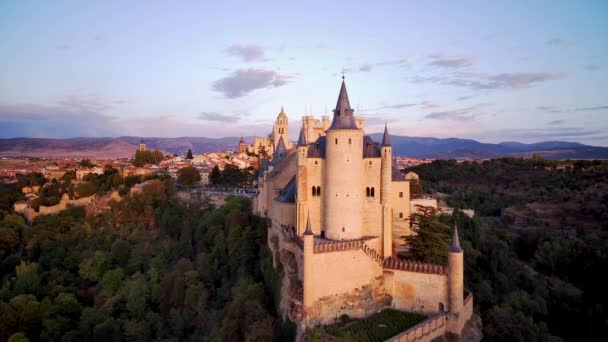 Aerial Drone View Fortress Alcazar Segovia Spain Castle Museum Юнеско — стоковое видео