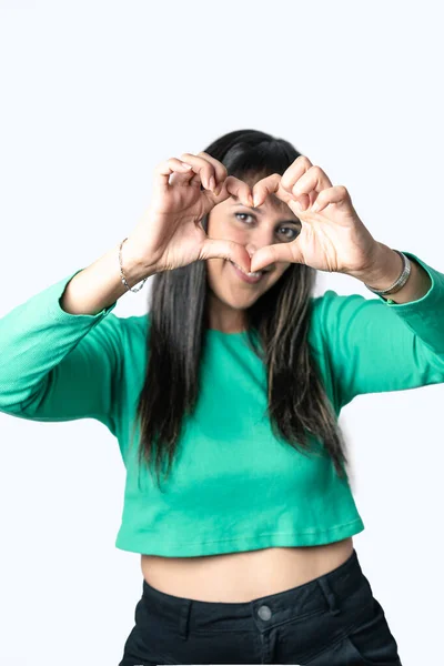 Hispanic Woman Making Heart Shape Her Hands Her Face Isolated Stockbild