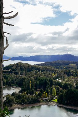 Yoğun orman ve sakin göl, bir ağacın dalları arasından görünen uzak sıradağlar tarafından çerçevelenir..