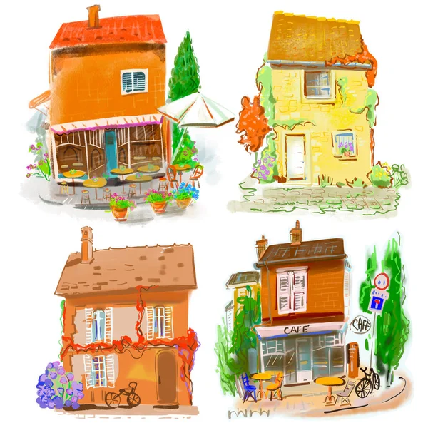 Domy Stylizované Akvarel Ilustrace Pro Pozadí — Stock fotografie