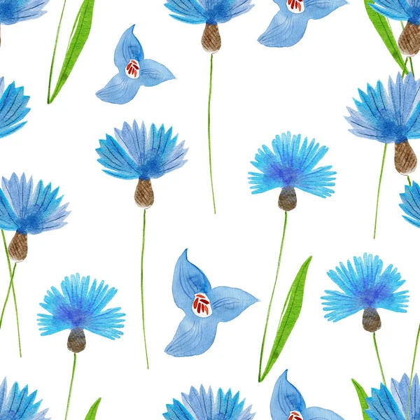 Niebieski Kwiaty Wzór Stylizowany Akwarela Ilustracja Dla Tła — Zdjęcie stockowe