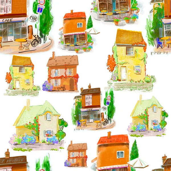Domy Stylizované Akvarel Ilustrace Pro Pozadí — Stock fotografie