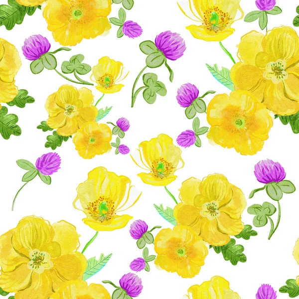 Warna Cat Air Dengan Pola Bunga Poppy Kuning Menggambarkan Latar — Stok Foto