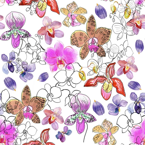 Орхидея Цветочный Узор Стилизованная Акварельная Иллюстрация Фона — стоковое фото