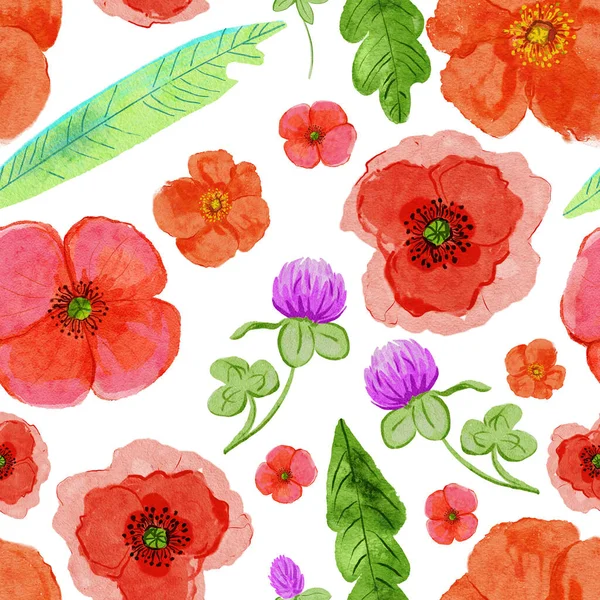Poppy Flowers Pattern Stylized Watercolor Illustration Background — Stock Photo, Image