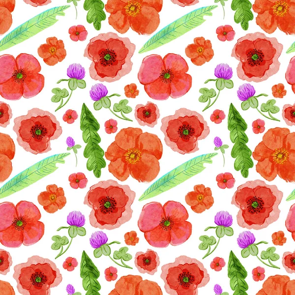 Mohn Blumen Muster Stilisierte Aquarell Illustration Für Hintergrund — Stockfoto