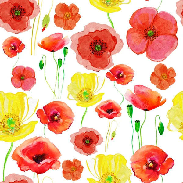Poppy Flowers Pattern Stylized Watercolor Illustration Background — Stock Photo, Image