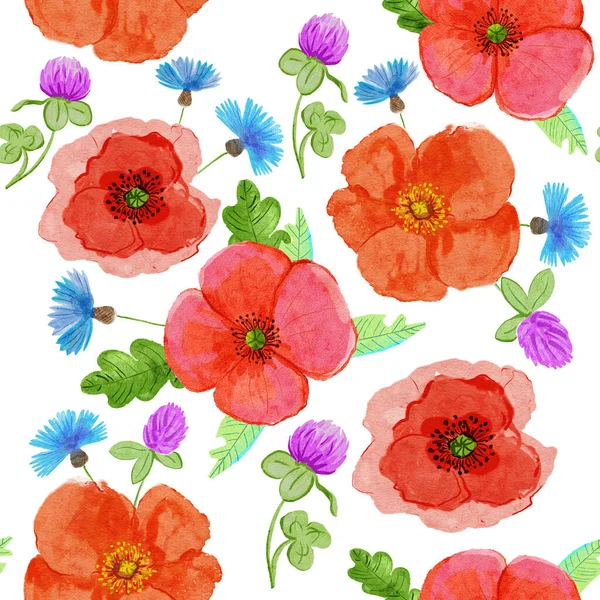 Mák Květiny Vzor Stylizované Akvarel Ilustrace Pro Pozadí — Stock fotografie