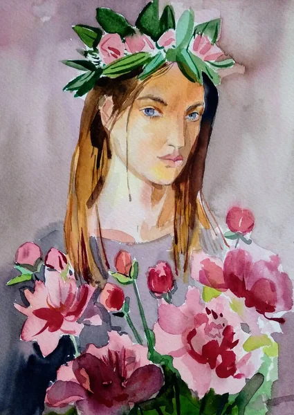 Hand Drawn Watercolour Woman Flowers Illustration Design — Stock Photo, Image