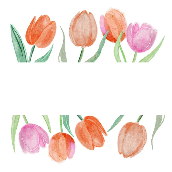 Kartę Ręcznie Rysowane Tulipany Piękne Jasne Bajki Kwiaty Malowane Akwarelą — Zdjęcie stockowe