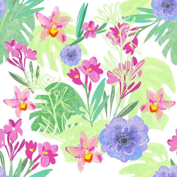 Tropikalne Tło Bez Szwu Ręcznie Rysowane Kwiaty Liście Płynny Wzór — Zdjęcie stockowe