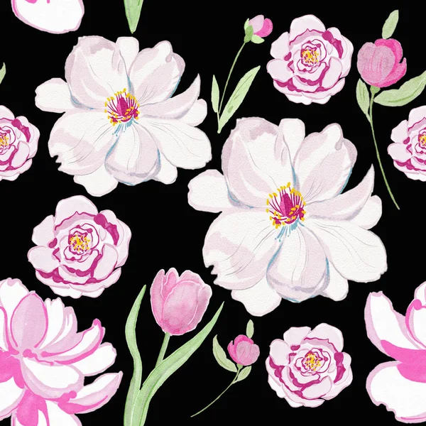 Μεγάλα Λευκά Λουλούδια Μαύρο Φόντο Απρόσκοπτο Μοτίβο Χέρι Ζωγραφισμένο Απρόσκοπτη — Φωτογραφία Αρχείου