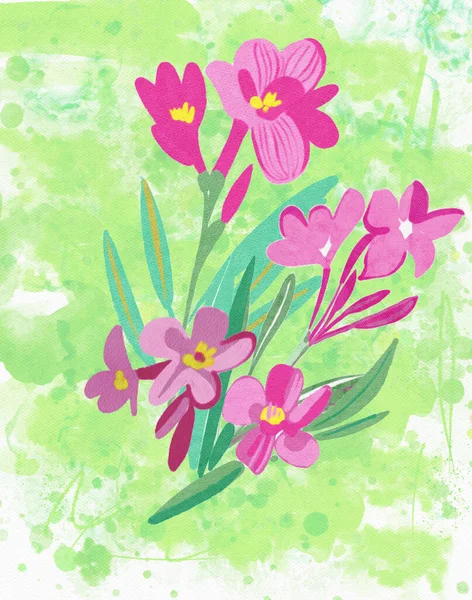 Hand Drawn Pink Flowers Abstract Green Background Flowers Leaves Abstract — Stock Photo, Image