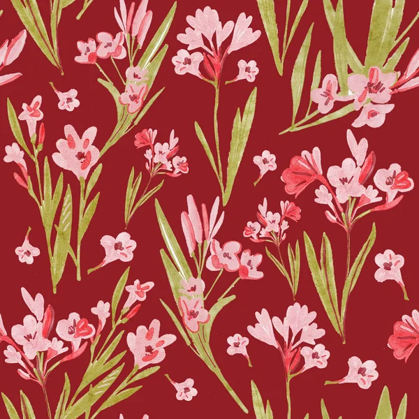 Handgezeichnete Oleanderblüten Auf Rotem Hintergrund Florale Botanische Blume Nahtloses Hintergrundmuster — Stockfoto
