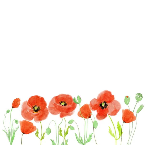开着红色的罂粟 问候卡 简约花式婚宴请柬模板设计 各种花束在白花上 — 图库照片