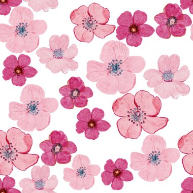 Pembe çiçekler. Vahşi bahar yaprağı kır çiçeği. Suluboya çizim seti. Suluboya moda akvaryumu izole edilmiş. Kusursuz bir arka plan modeli. Kumaş duvar kağıdı baskı dokusu.