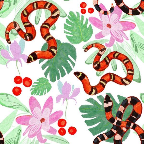 Seamless Background Beautiful Flowers Fabric Design Tropical Design Red Snakes — Stock Photo, Image