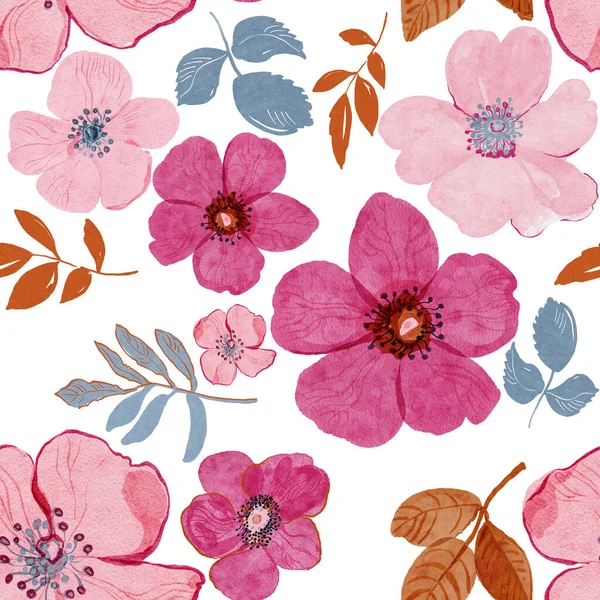 Blumen Und Blätter Aquarellzeichnung Aquarellmuster Nahtloses Hintergrundmuster Textur Der Stofftapete — Stockfoto