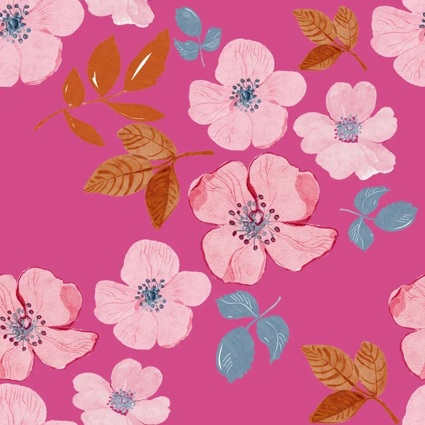 ピンクの背景に野生のバラ 水彩画の水彩画のパターン シームレスな背景パターン ファブリック壁紙 Print — ストック写真