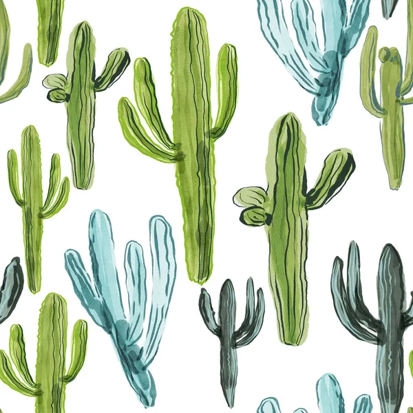 Sömlöst Mönster Med Handritade Kaktusar — Stockfoto
