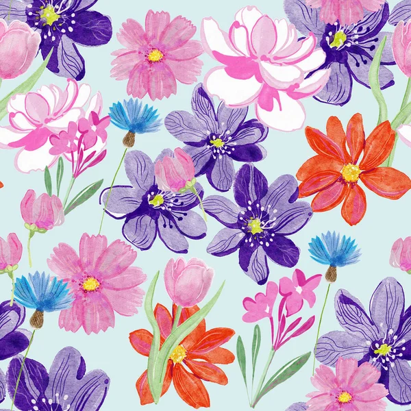 Bezešvé Vzor Akvarelem Květiny Listy — Stock fotografie