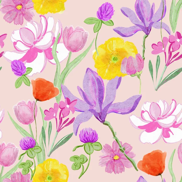 Sömlöst Mönster Med Akvarell Blommor Och Blad — Stockfoto