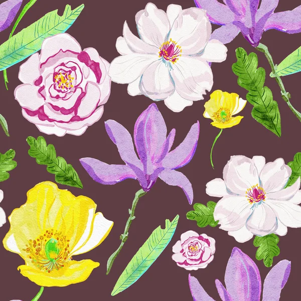 飾り花植物の花 水彩画背景イラスト セット 水彩描画のファッション Aquarelle 分離します シームレスな背景パターン 壁紙印刷手触りの生地 — ストック写真