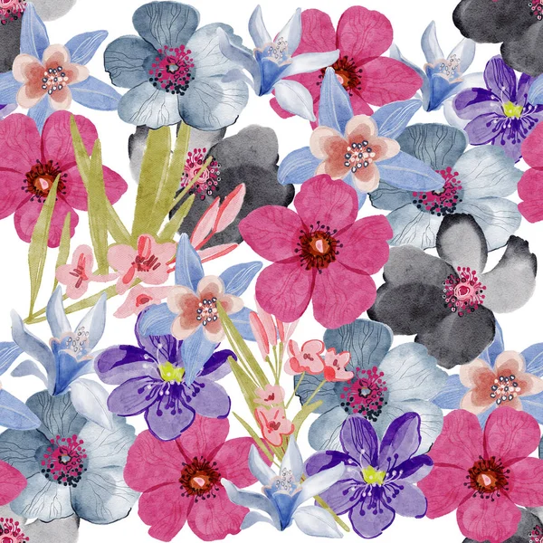 Bezproblemowy Wzór Akwarelowymi Kwiatami Liśćmi — Zdjęcie stockowe