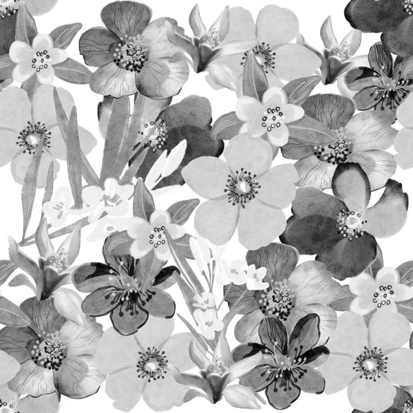 Suluboya Çiçekli Yapraklı Kusursuz Desen Siyah Beyaz — Stok fotoğraf