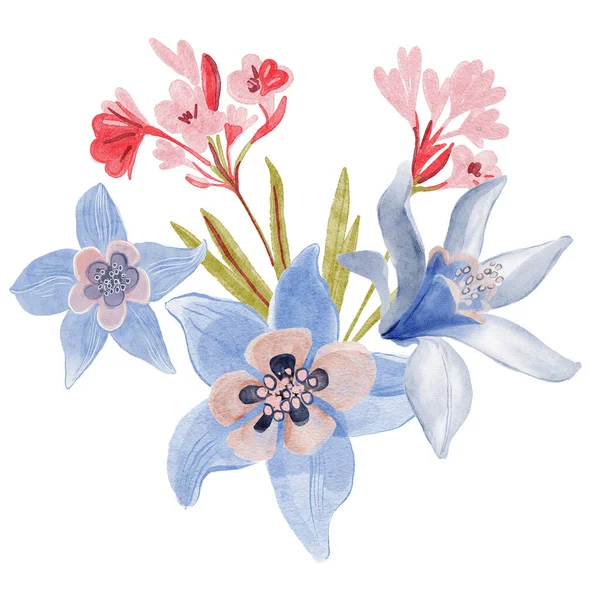 Ακουαρέλα Floral Μοτίβο Λουλούδια Φύλλα Μπουμπούκια Κρίνο Λουλούδι Εικονογράφηση Ζωγραφισμένα — Φωτογραφία Αρχείου