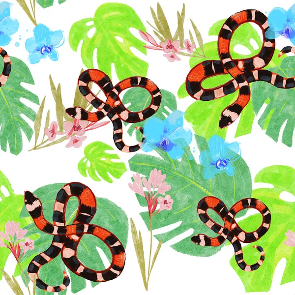 Watercolor Seamless Pattern Tropical Leaves Snakes Hand Drawn Illustration — Stock Photo, Image