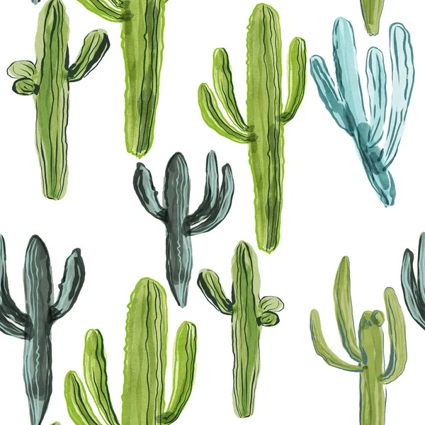 Seamless Pattern Hand Drawn Watercolor Cactus Stock Photo