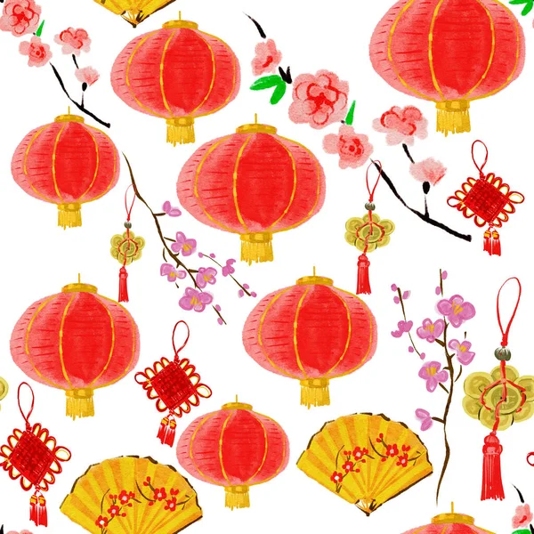 中国の旧正月の休日の伝統的なシンボルシームレスなパターン 花火で黄金の中国の装飾品や龍 魚やコイン 寺院のアーチや中国の皇帝の装飾の背景 — ストック写真
