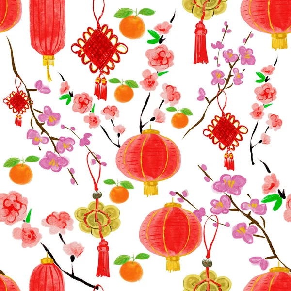 手描きのシームレスなパターン 中国の旧正月の休日のシンボル 幸運と富のお守り 衣類や牛 ドラゴン — ストック写真