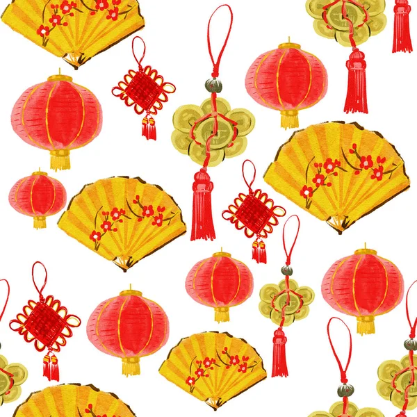 中国の旧正月の休日の伝統的なシンボルシームレスなパターン 黄金の中国の装飾品や龍 コイン ファンなどの装飾の背景 — ストック写真