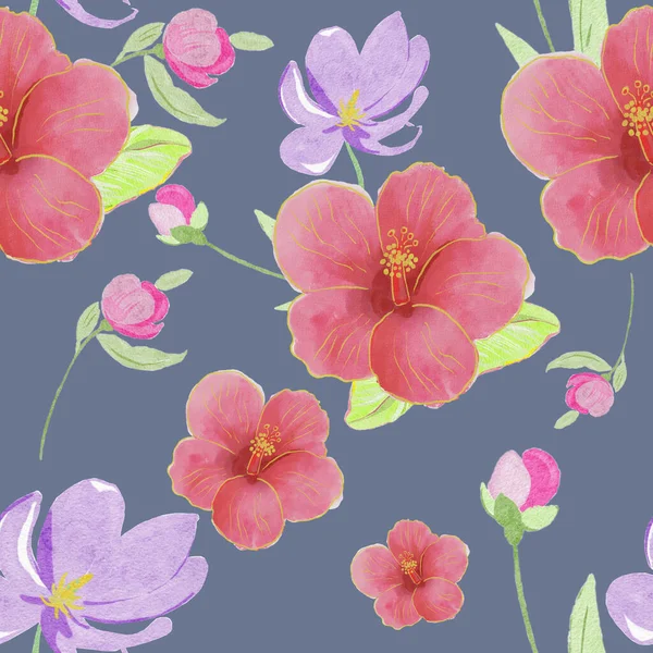 illustration for wallpapers, web page backgrounds, surface textures, textile.Scandinavian style. Hibiskus flowers and leaves.