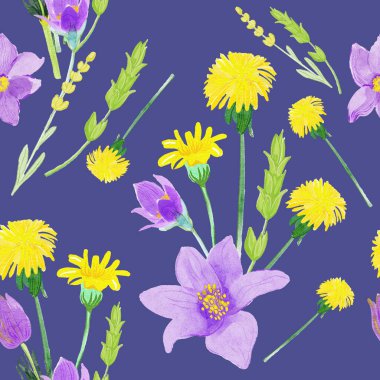 Buket çiçek botanik çiçekler. Vahşi bahar yaprak izole kır çiçeği. Suluboya resim kümesi. Suluboya çizim moda aquarelle. Sorunsuz arka plan deseni. Kumaş duvar kağıdı yazdırma doku.