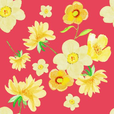 Kırmızı arka planda el çizimi sarı çiçekler. Güzel kusursuz desen.
